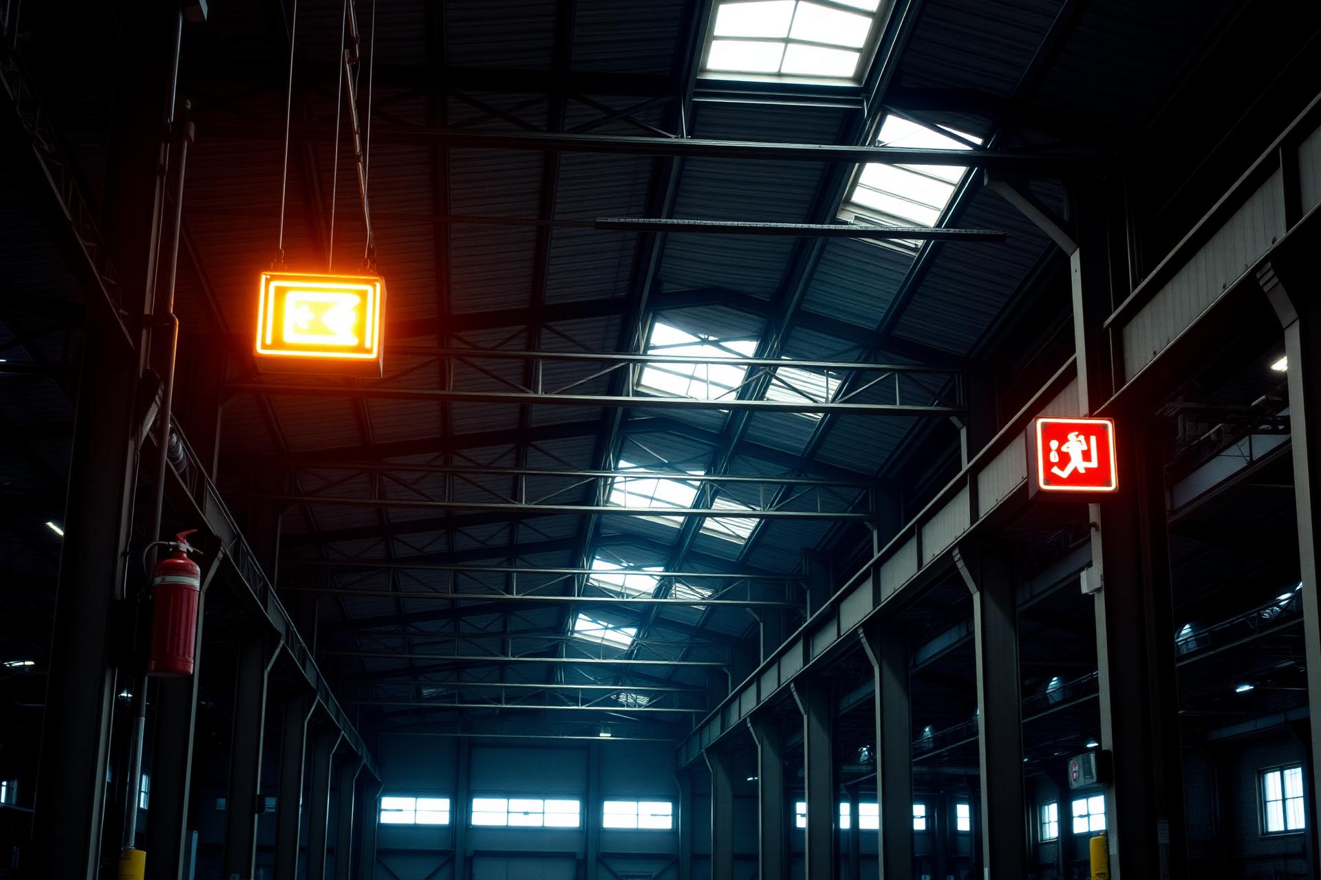 Interior de galpão industrial com sinalização de emergência